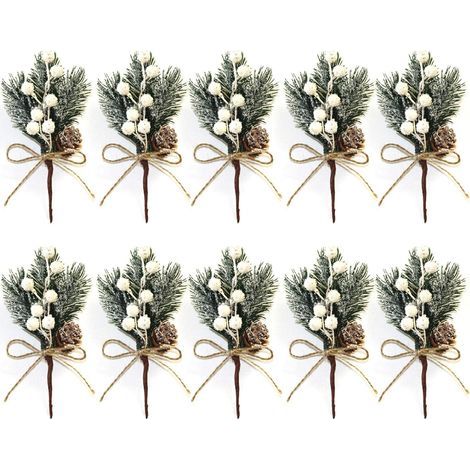 Lot de 10 petites tiges de baies de Noël artificielles blanches de 15 cm avec pommes de pin, houx, fleurs de Noël pour couronnes de Noël, décoration de vase d'intérieur (1/5)