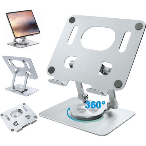Supporto pieghevole in alluminio per tavolette grafiche e laptop, ruotabile a 360°. Design ergonomico per dispositivi da 5 a 12 pollici (argento). (1/5)