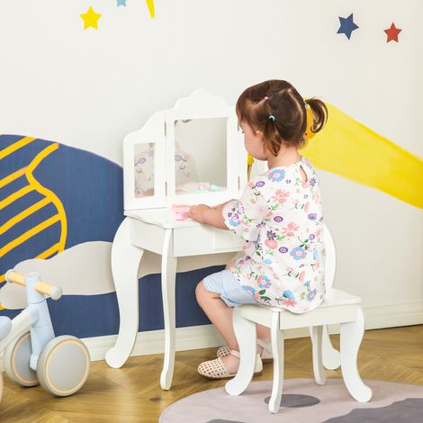 Tavolo da trucco per bambini con sgabello, tavolo da trucco 2 in 1 con specchio a tre ante e cassetto scorrevole - Dimensioni del tavolo da trucco: 63L x 40W x 85,5H cm - Acrilico bianco