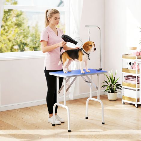 Table de toilettage pour chien, pliable, réglable en hauteur avec bras réglable, sangle et tapis en caoutchouc, bleue (1/5)