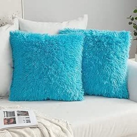 2 taies d'oreiller en fourrure artificielle, bleu clair