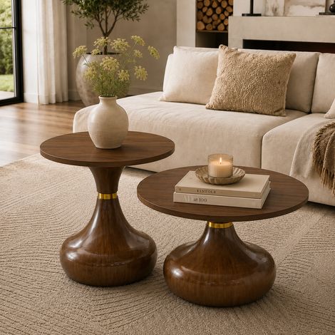 Ensemble de 2 tables basses et tables d'appoint aspect noyer – Tables basses rondes modernes avec piètement stable, Ø 70 cm et Ø 50 cm, plateau en mélamine aspect bois, pour salon, chambre et séjour (1/5)