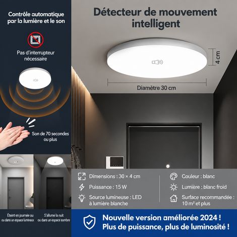Plafonnier LED 15W 30cm Détecteur Son et Lumière pour Couloir et Escalier 30cm-15w réf 0707 400 g – Livraison gratuite