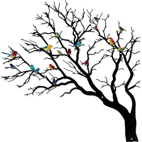 Wall Decoration Metal Tree with Birds Wall Sculpture Art Black Bird Wall Tree for Indoor and Outdoor Use, Living Room, Bedroom, Terrace and Garden (1/5)