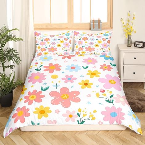 Fleur Parure de Lit Enfants Filles Dessin animé Mignon Floral Ensemble de Literie pour Adolescents Femmes Jaune Rose Fleurs Housse de Couette 220x240cm Kawaii Literie Set 3 pièces (1/5)