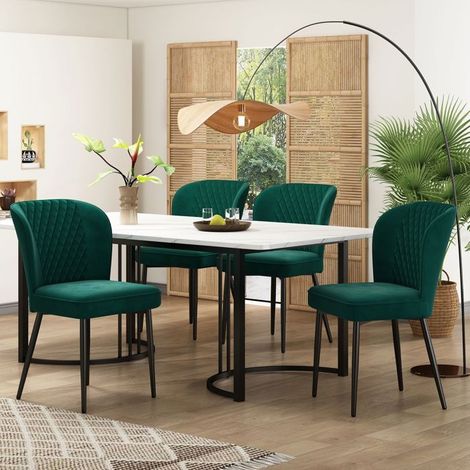 Table à manger 140x80, plateau MDF blanc effet marbre Table de cuisine et chaises, chaises velours vert foncé, 4 places (1/5)