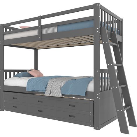 Litera infantil 90x200 cm con cama nido extraíble, 3 cajones, barandillas de seguridad y escalera antideslizante, en madera y MDF gris para dormitorio compartido  CHICFURN (1/5)