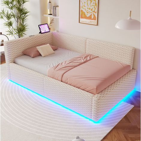 Letto imbottito 90x200 cm con LED, USB-C e 2 USB, velluto beige, con contenitore