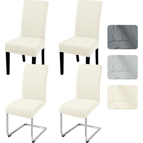 Stuhlhussen 4er Set Jacquard Streifen Universal Stretch für Esszimmerstühle, waschbar, beige (1/5)