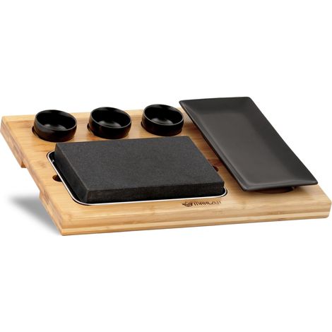 Mahlzeit Set di pietra lavica (7 pezzi)  Set con pietra calda, piatto e ciotoline per salse, bambù
