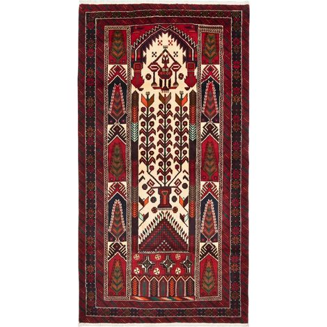 Tapis d'orient, 108 x 208 cm, motif oriental, rouge, crème et noir, en laine pure nouée à la main, artisanal (1/5)