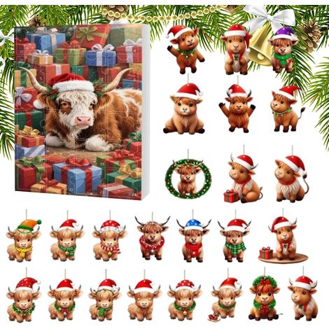 Décoration de l'Avent 2025 en acrylique 2D, calendrier compte à rebours 24 jours Jolie vache des Highlands, décoration pour famille, maison, arbre, fenêtre, voiture, rétroviseur, porte, mur (1/5)