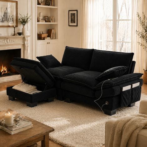 Canapé 2 places 190/132/84 cm en velours côtelé noir avec pouf coffre, USB-C et poches latérales (1/5)