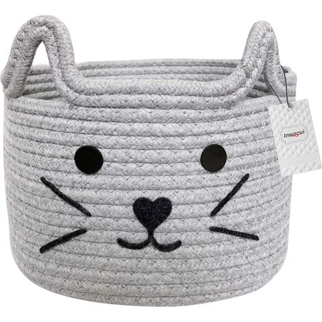 Panier pliable en corde de coton motif chat mignon, gris, pour rangement chambre d’enfant, jouets ou accessoires