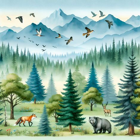 Papier peint panoramique Enfants - Animaux de la Forêt - 130 cm x 130 cm (1/2)