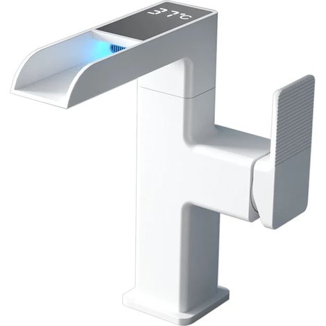 (Blanc) Robinet de lavabo avec lumière LED, affichage numérique de la température, fonction de mélange d'eau chaude et froide rotative à 360 degrés. (1/5)