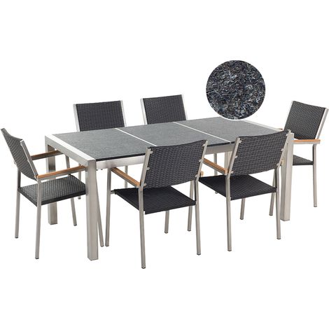 Conjunto de comedor de jardín negro con mesa 180 x 90 cm de basalto negro 6 sillas de ratán Grosseto