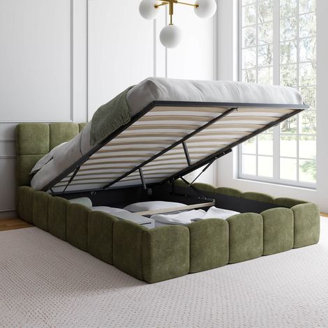 Cama doble con canapé NUAGE, con cabecero acolchado y somier de 140 x 190 cm, en tejido de chenilla verde caqui (1/5)