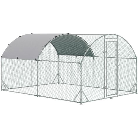 CHICFURN Gallinero exterior 380x280x197 cm acero plateado con lona UV y puerta (1/5)