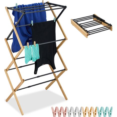Relaxdays Folding Airer, Clothes Horse, 11 Rails, 105 x 43-75 x 37 cm, Laundry Drying Rack, Bamboo & Metal, Black/Brown