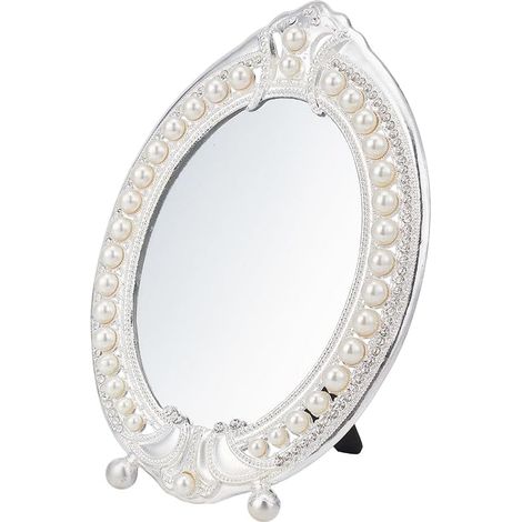Miroir de Maquillage de Vanité, 25x17.5cm Miroir de Table Vintage en Verre avec Perles D'Imitation pour Décoration de Chambre Salon Commode, Argenterie (1/5)