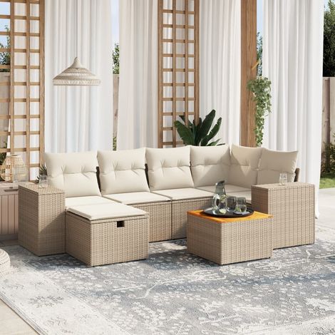 Set sofás de jardín 7 piezas y cojines ratán sintético beige vidaXL (1/4)
