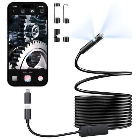 Caméra endoscopique double objectif avec éclairage, endoscope HD 1920p avec 8 + 1 LED réglables, étanche IP67, câble serpent semi-rigide de 5 m, pour iPhone, iPad et Android (type C)