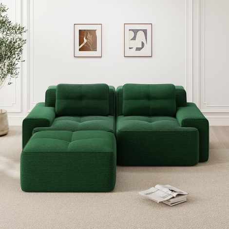 Canapé d'angle modulable sans armature, velours côtelé vert, assise profonde confortable, canapé nuage moderne avec pouf, canapé-lit capitonné 2 places pour salon