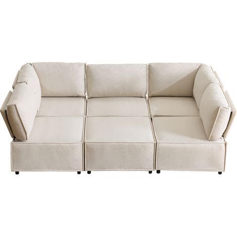 Modulares Ecksofa aus beigem Leinen mit Holzgestell, 6 Module, 308 x 152 x 77 cm (1/5)