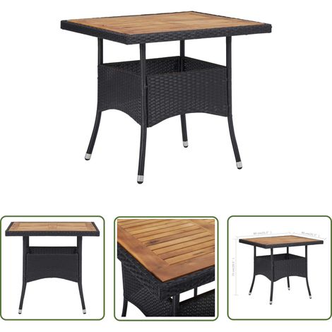 The Living Store Garten-Esstisch Schwarz Poly Rattan und Massivholz Akazie - Gartentisch - Esstisch - Outdoortisch - Poly Rattan - Rattan Tisch (1/4)