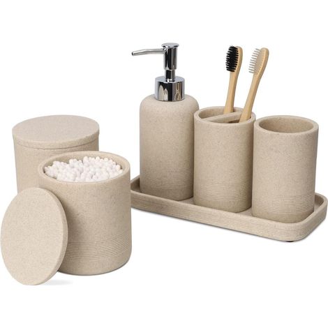 Accessoires Salle de Bain Beige -Decoration Salle de Bain avec Distributeur Savon, Porte Brosse à Dents, 2 Supports QTip et gobelet (1/5)