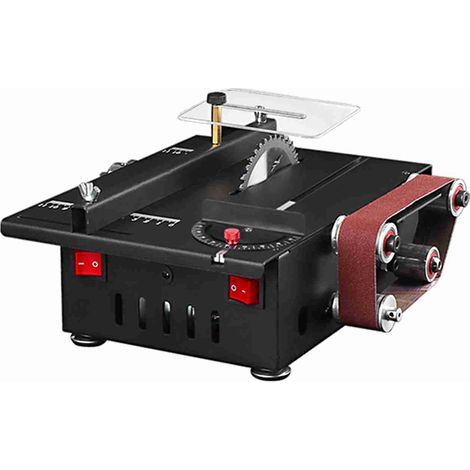 Scie à table 200 W, mini scie à table de travail et ponceuse à bande, avec jeu de lames de scie et 10 bandes abrasives, vitesse réglable, profondeur de coupe 30 mm, scie electrique pour la découpe art (1/5)