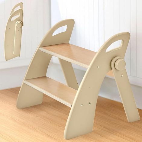 Kids Wooden Folding Step Stool with 2 Steps 130kg Capacity with Non-Slip Mat and Handles, Stool for Bedroom, Bathroom, Kitchen, Natural (1/3)