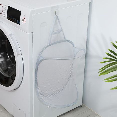 Panier à linge pliant organisateur pour vêtements sales salle de bain vêtements maille sac de rangement ménage tenture murale panier cadre seau gris (1/5)