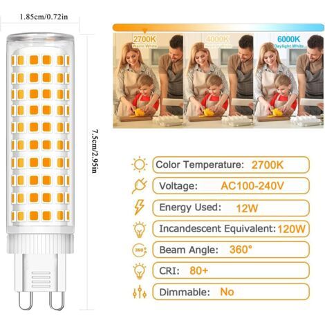 Ampoule LED G9 12W, équivalente à une LED halogène de 120W, blanc chaud 2700K, IRC80, AC100-240V, non dimmable, paquet de 5 [Classe énergétique A] (1/4)