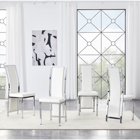 MEUBLIV Lot de 4 chaises de salle à manger blanches et argentées en PU et métal, dossier haut (1/5)