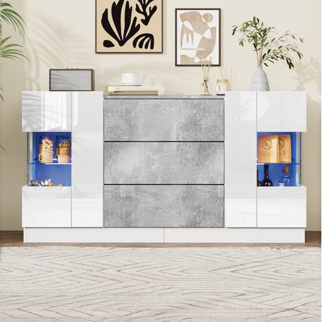 Buffet 2 portes et 3 tiroirs LED 16 couleurs, MDF et verre, 140 x 35 x 75 cm HAVRYA (1/5)