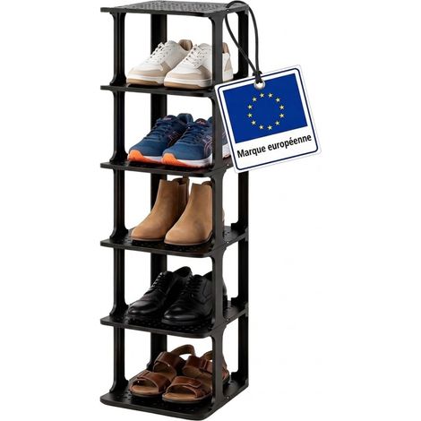 Relaxdays Étagère à chaussures, 6 niveaux, H x L x P : 91 x 26,5 x 30,5 cm, empilable, extensible, plastique, noir (1/5)