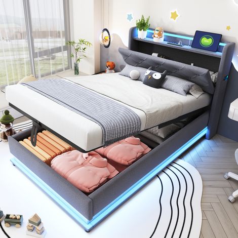 Lit capitonné 90x200 cm gris en tissu effet lin avec LED, USB, tête de lit ouvrante et coffre hydraulique (1/5)