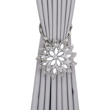 Lot de 2 Embrasses Rideau Aimantées Fleur Cristal Blanc Argent – Attaches Magnétiques Alliage Fil à Ressort Sans Perçage, Boucles Déco Strass Ciel Étoilé Moderne Américain Salon Chambre Voilage (1/5)
