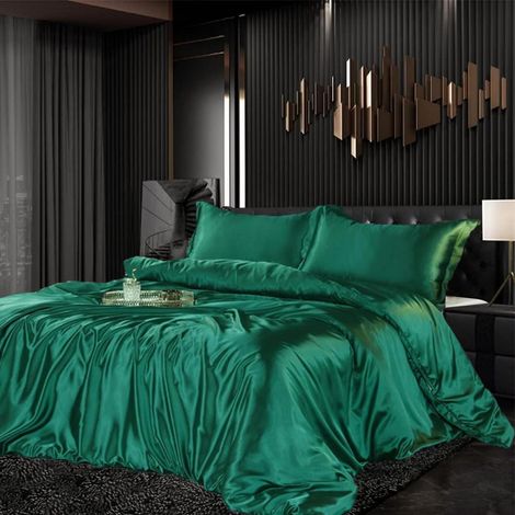 Bettwäsche Set Satin 135x200cm 2-teilig Dunkelgrün mit Reißverschluss