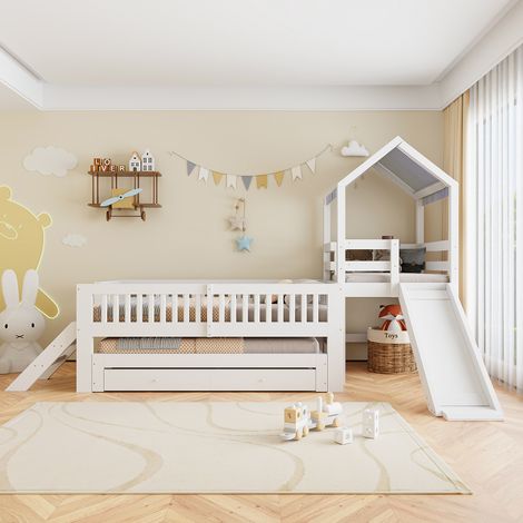 Lit cabane enfant 90x200cm - Lit gigogne 90x190 glissoire escalier tiroirs - Bois massif - Blanc (1/5)