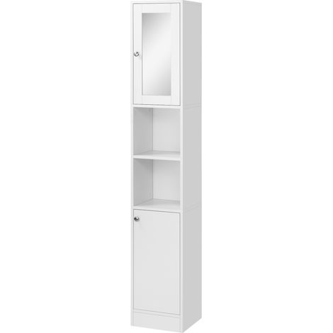Armoire de salle de bain haute avec miroir, colonne de salle de bain en bois avec 2 étagères ouvertes, 2 portes et étagères intérieures réglables, 30 x 28 x 180 cm, blanche (1/5)