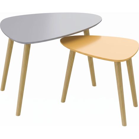Lot de 2 tables basses gigognes design scandinave - Gris et jaune - Pieds en bois et plateau en bois - Pour salon, petit espace - Design moderne (1/5)