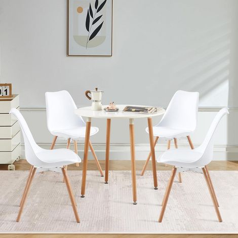 Essgruppe Weiß: Runder Esstisch mit 4 Stühlen, modern, ergonomisch (1/5)