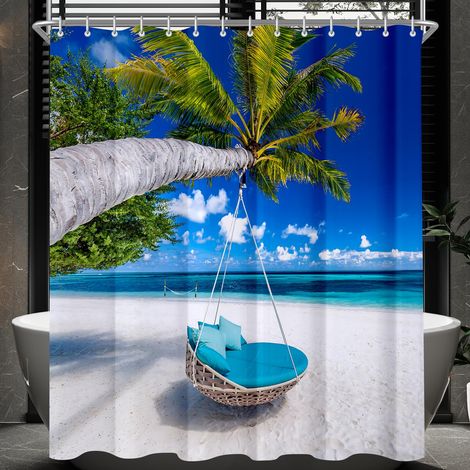 Rideau de douche 90 x 200 cm, motif plage, ourlet lesté, anti-moisissure, imperméable, lavable, en polyester, avec 12 œillets et anneaux de rideau de douche pour salle de bain, baignoire (1/5)