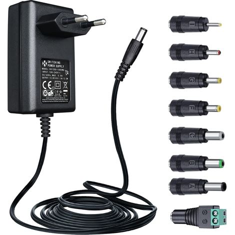 Adaptateur Secteur 12 V 1 A/1000 mA avec 8 Prises CC, câble de 1,8 m (20 AWG), convertisseur CA/CC 12 V 1 A 12 W pour routeurs, Bandes LED, Haut-parleurs et Autres appareils. (1/5)