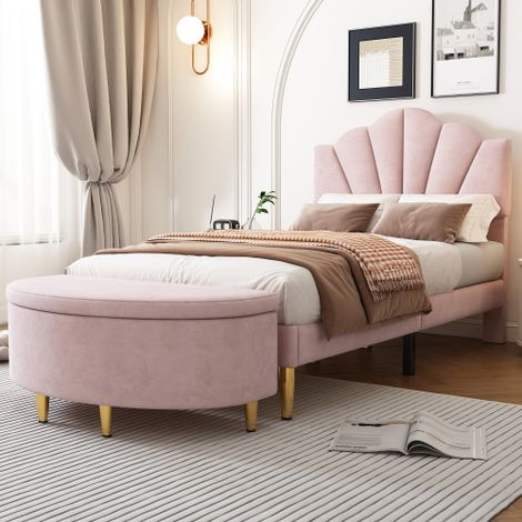 Samt, Polsterbett, muschelartiges Bett mit goldenen Eisenbeinen, höhenverstellbares Kopfteil, Holzlattenrost