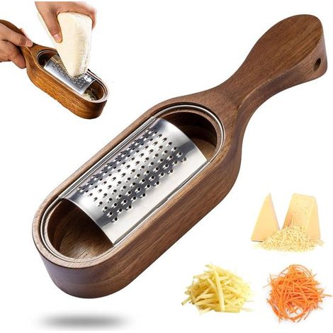 Grattugia per formaggio, grattugia per formaggio con contenitore di raccolta, grattugia in acciaio inox con manico in legno, grattugia per limoni con contenitore di raccolta, affettatrice per formaggi (1/5)