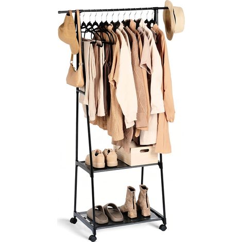 Mobile clothes hanger with shoe shelf and wheels for home and office